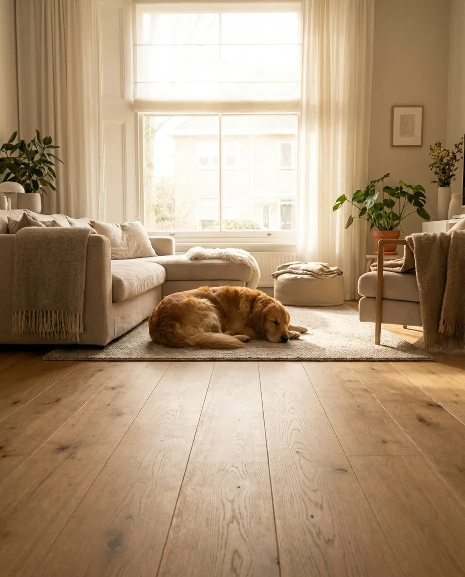 Golden Retriever auf breiten Eichendielen im Wohnzimmer