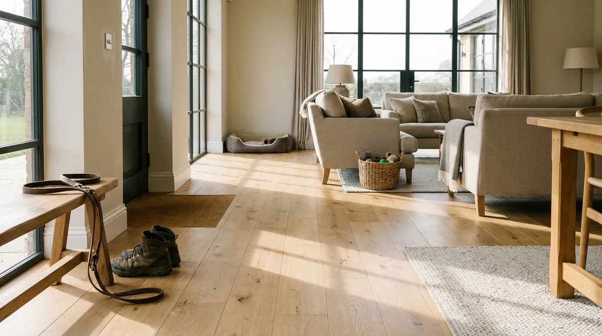 Eingangsbereich mit breiten Eichendielen im Landhausstil