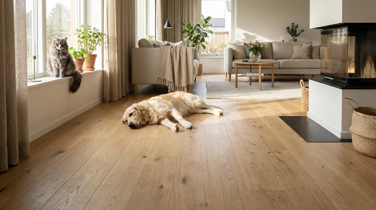 Gemütliches Wohnzimmer mit Eichen-Landhausdielen, Hund und Katze