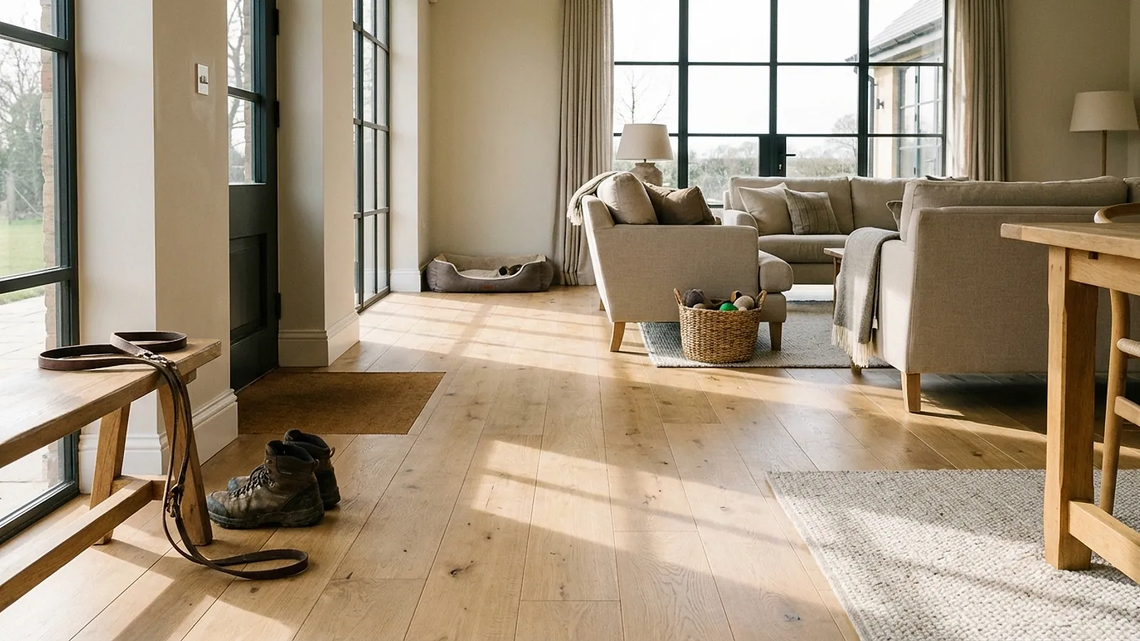 Cottage-Wohnzimmer mit Eichendielen, Hundebett und Wanderschuhen im Tageslicht