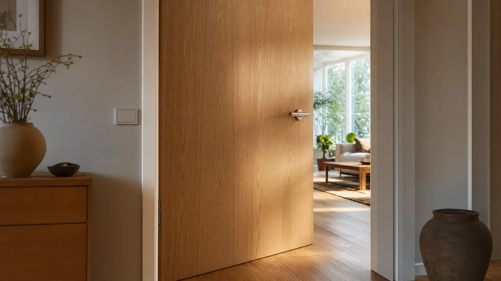 Eichen-Innentür halb geöffnet mit Blick in warmen Wohnraum auf Parkett