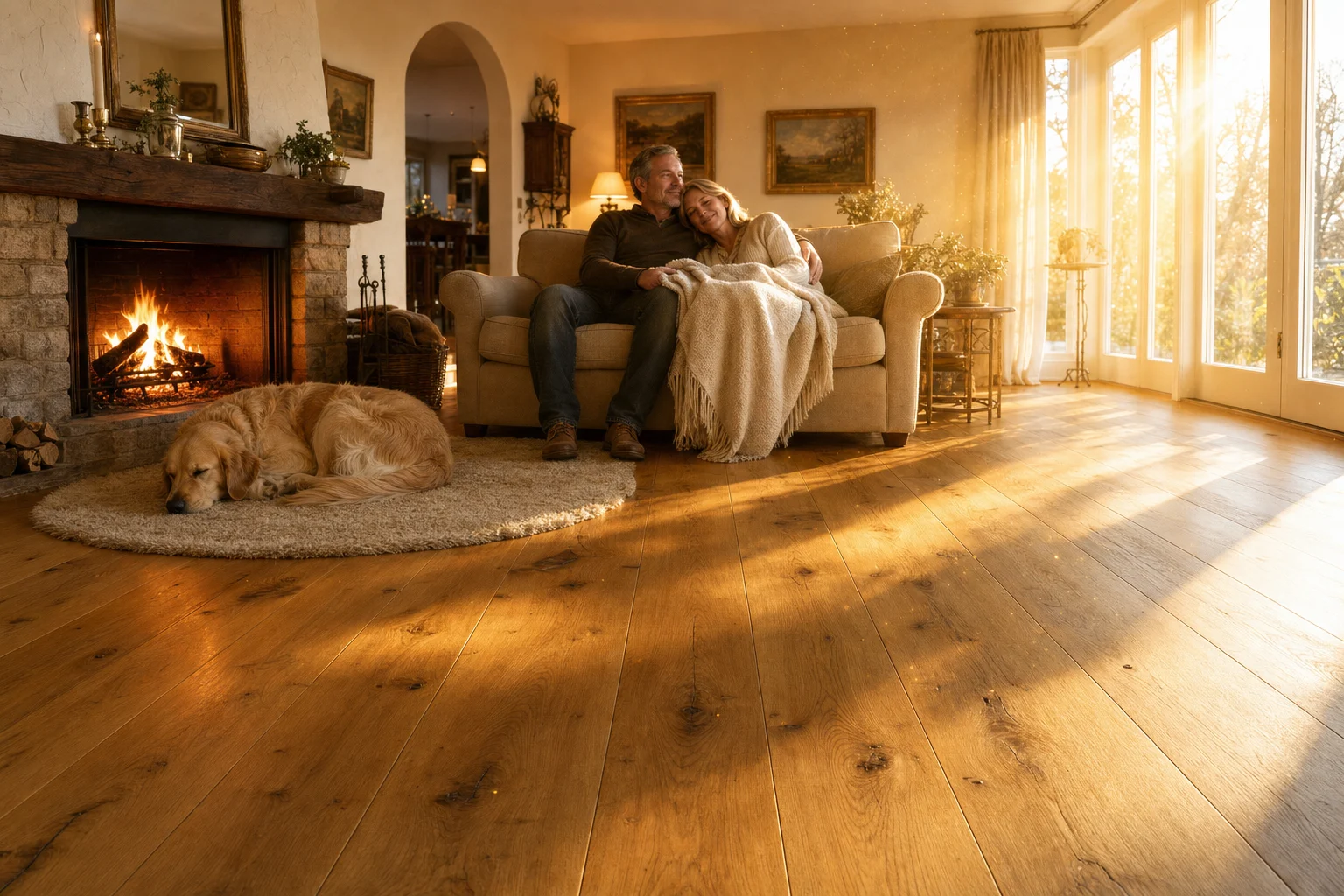 Warmes Wohnzimmer mit Eichenparkett, Kamin und Sonnenlicht